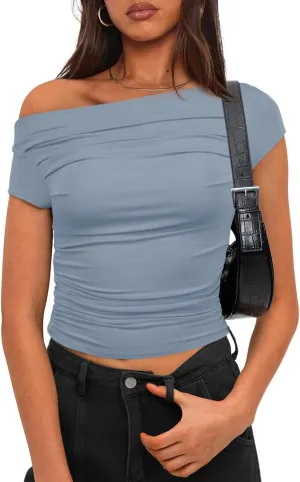 Darong Women's Summer Cap Sleeve Boat Neck Off Shoulder Top Going Out Slim Fit Tops Y2K Tight Shirts