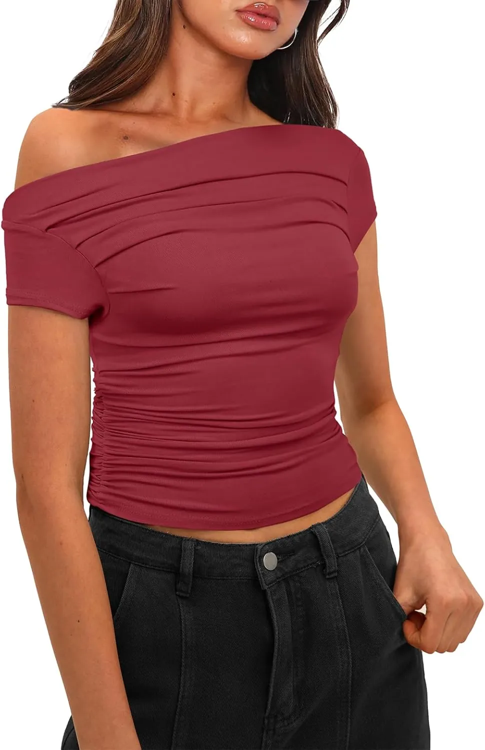 Darong Women's Summer Cap Sleeve Boat Neck Off Shoulder Top Going Out Slim Fit Tops Y2K Tight Shirts