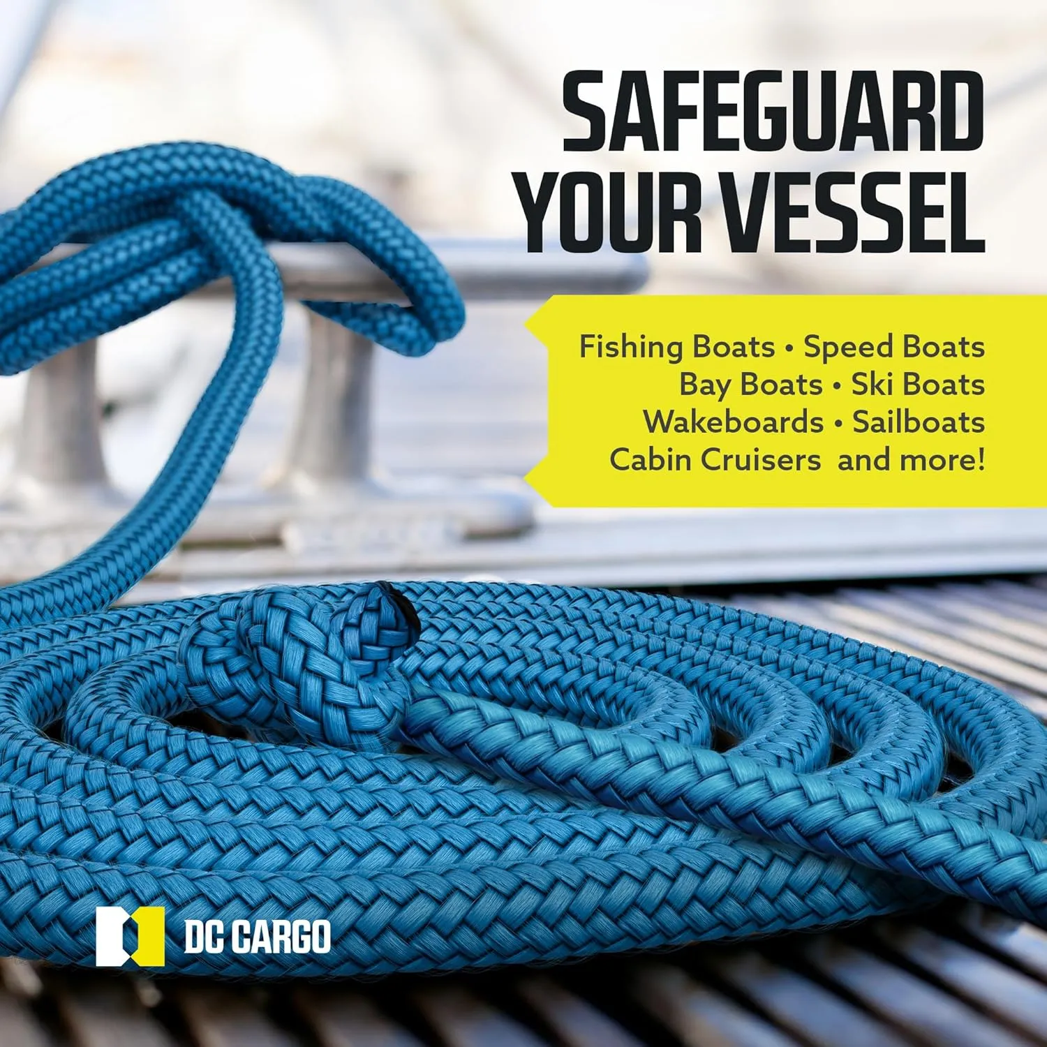 DC Cargo Mall Boat Dock Lines (4 Pack) 3/8 X 15' Double Braided Boat Ropes for Docking with 12" Eyelet. Marine Grade Nylon Material & Damage Resistant Line Fibers for Secure Docking