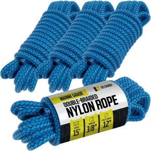 DC Cargo Mall Boat Dock Lines (4 Pack) 3/8 X 15' Double Braided Boat Ropes for Docking with 12" Eyelet. Marine Grade Nylon Material & Damage Resistant Line Fibers for Secure Docking