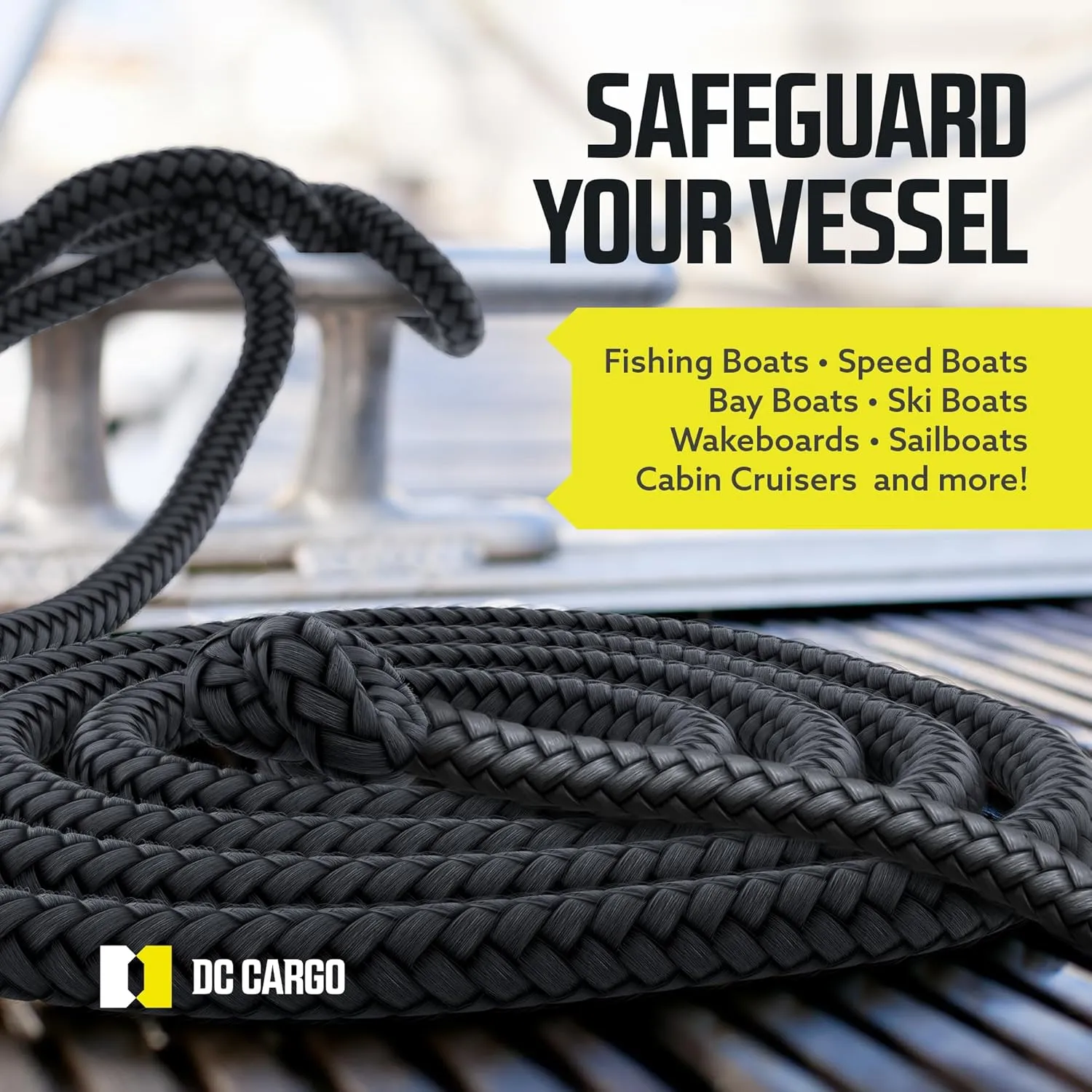 DC Cargo Mall Boat Dock Lines (4 Pack) 3/8 X 15' Double Braided Boat Ropes for Docking with 12" Eyelet. Marine Grade Nylon Material & Damage Resistant Line Fibers for Secure Docking