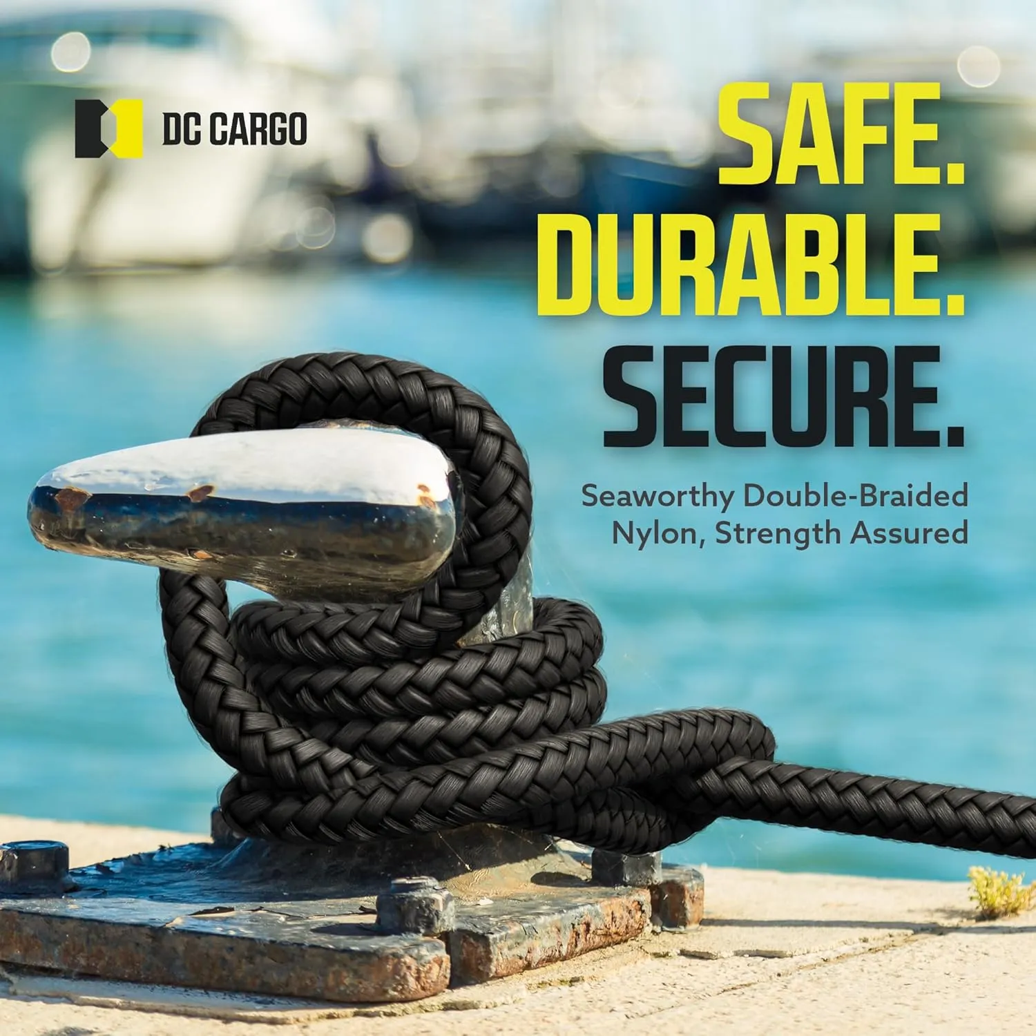 DC Cargo Mall Boat Dock Lines (4 Pack) 3/8 X 15' Double Braided Boat Ropes for Docking with 12" Eyelet. Marine Grade Nylon Material & Damage Resistant Line Fibers for Secure Docking
