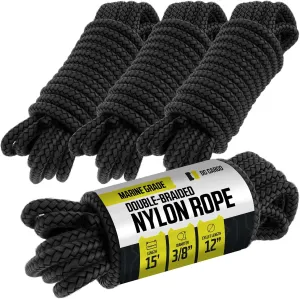 DC Cargo Mall Boat Dock Lines (4 Pack) 3/8 X 15' Double Braided Boat Ropes for Docking with 12" Eyelet. Marine Grade Nylon Material & Damage Resistant Line Fibers for Secure Docking