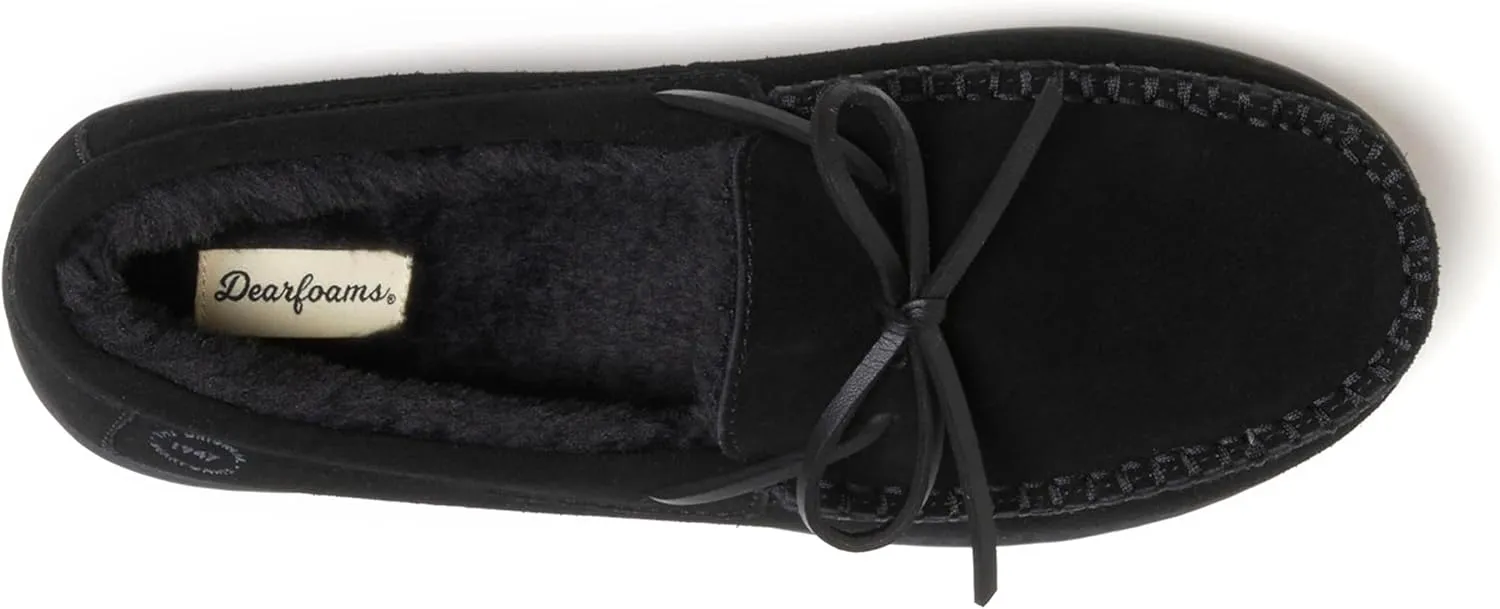 Dearfoams Men's Hudson Genuine Suede Memory Foam Moccasin Slipper with Tie