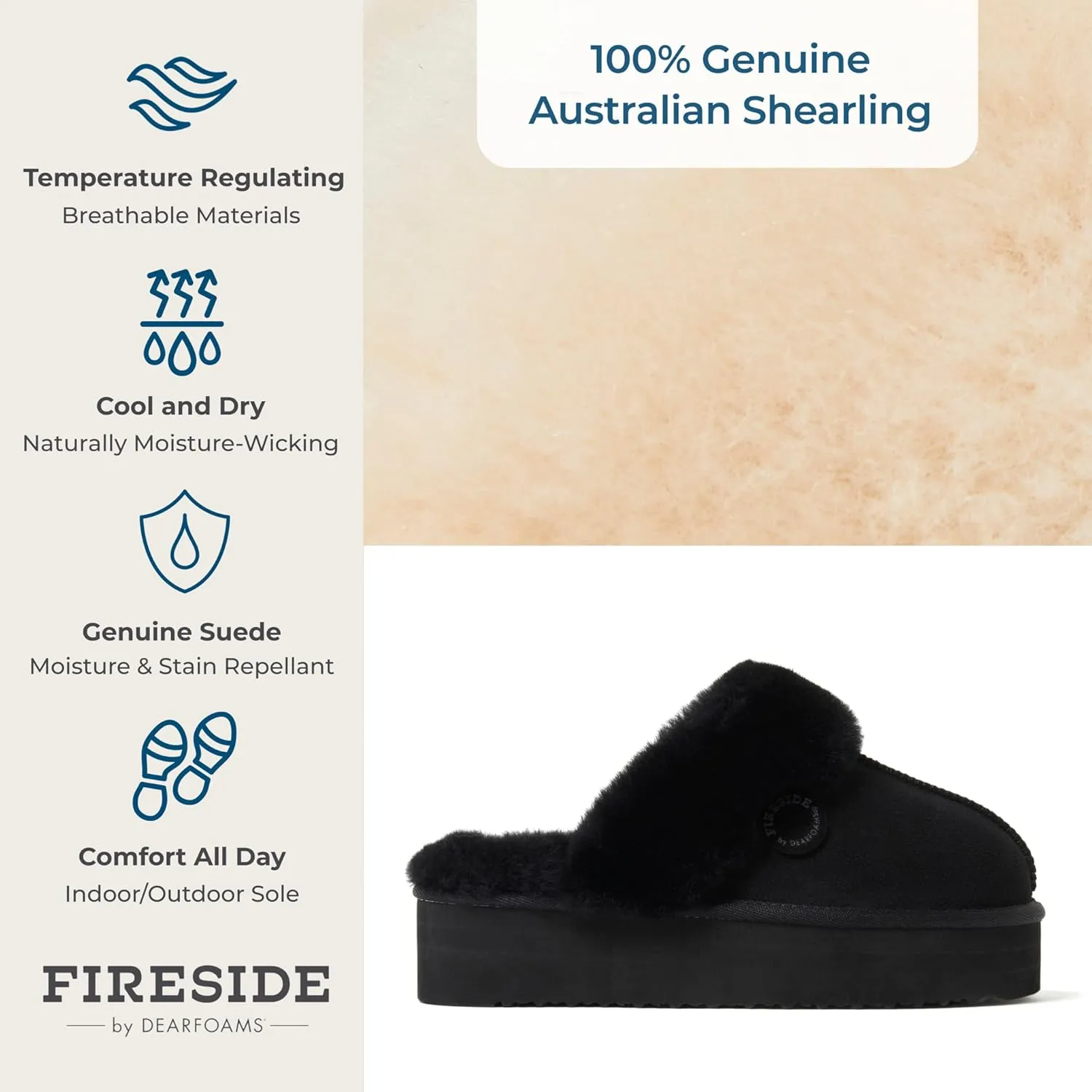 Dearfoams Women's Fireside Melton Genuine Shearling Shearling Platform Slippers Scuff