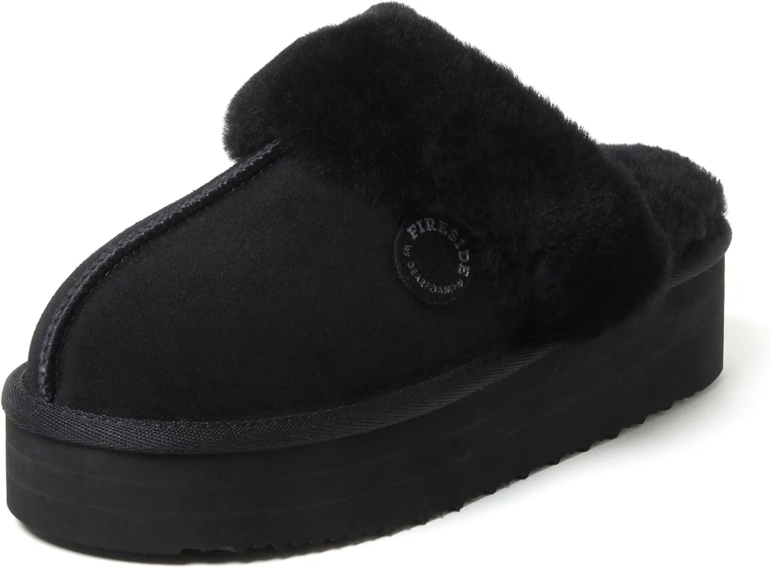 Dearfoams Women's Fireside Melton Genuine Shearling Shearling Platform Slippers Scuff