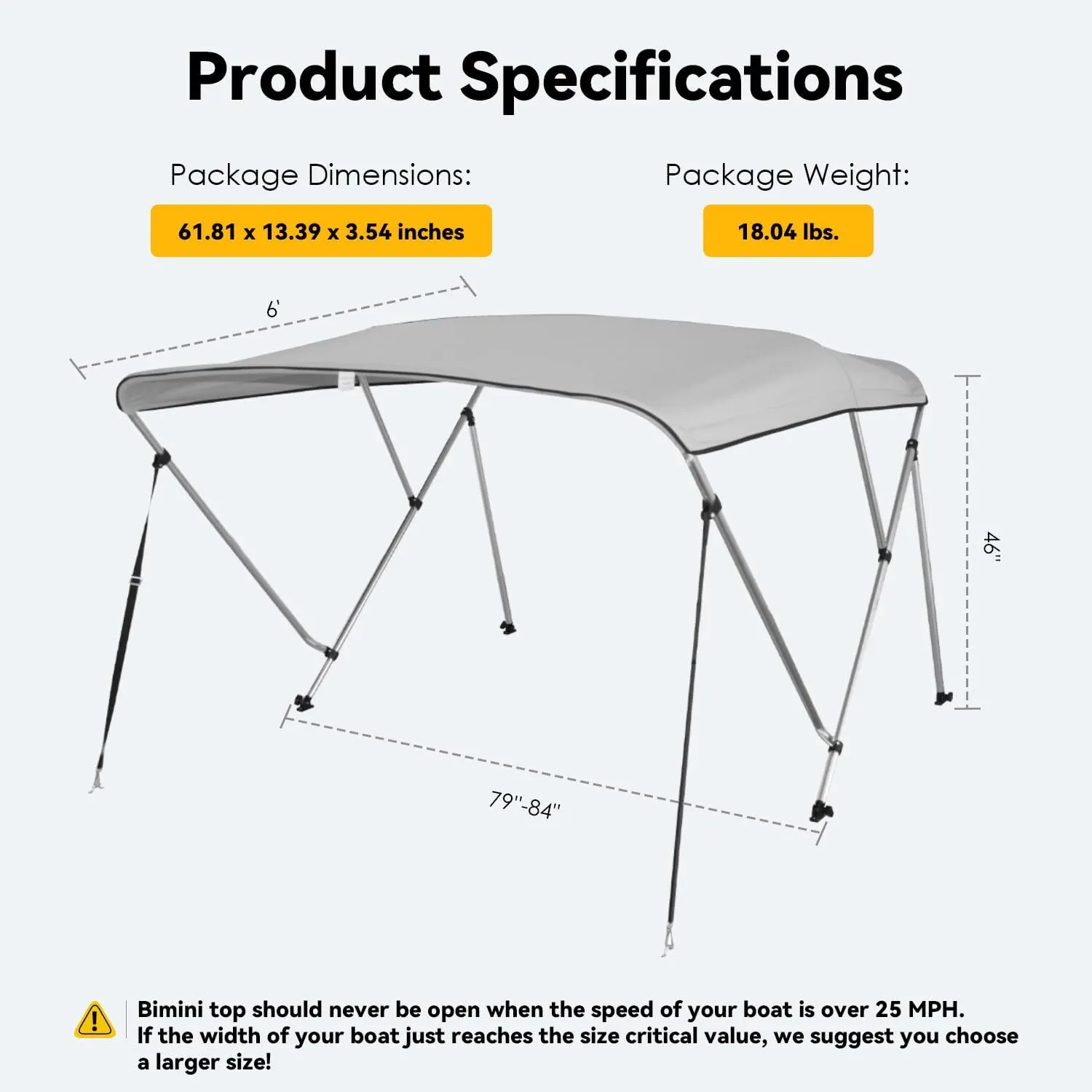 Deckpro Waterproof Boat Bimini Top Cover, Canvas Sun Shade Boat Canopy - 1" Double Wall Aluminum Frame Tube, 2 Straps 2 Rear Support Poles, Storage Boot