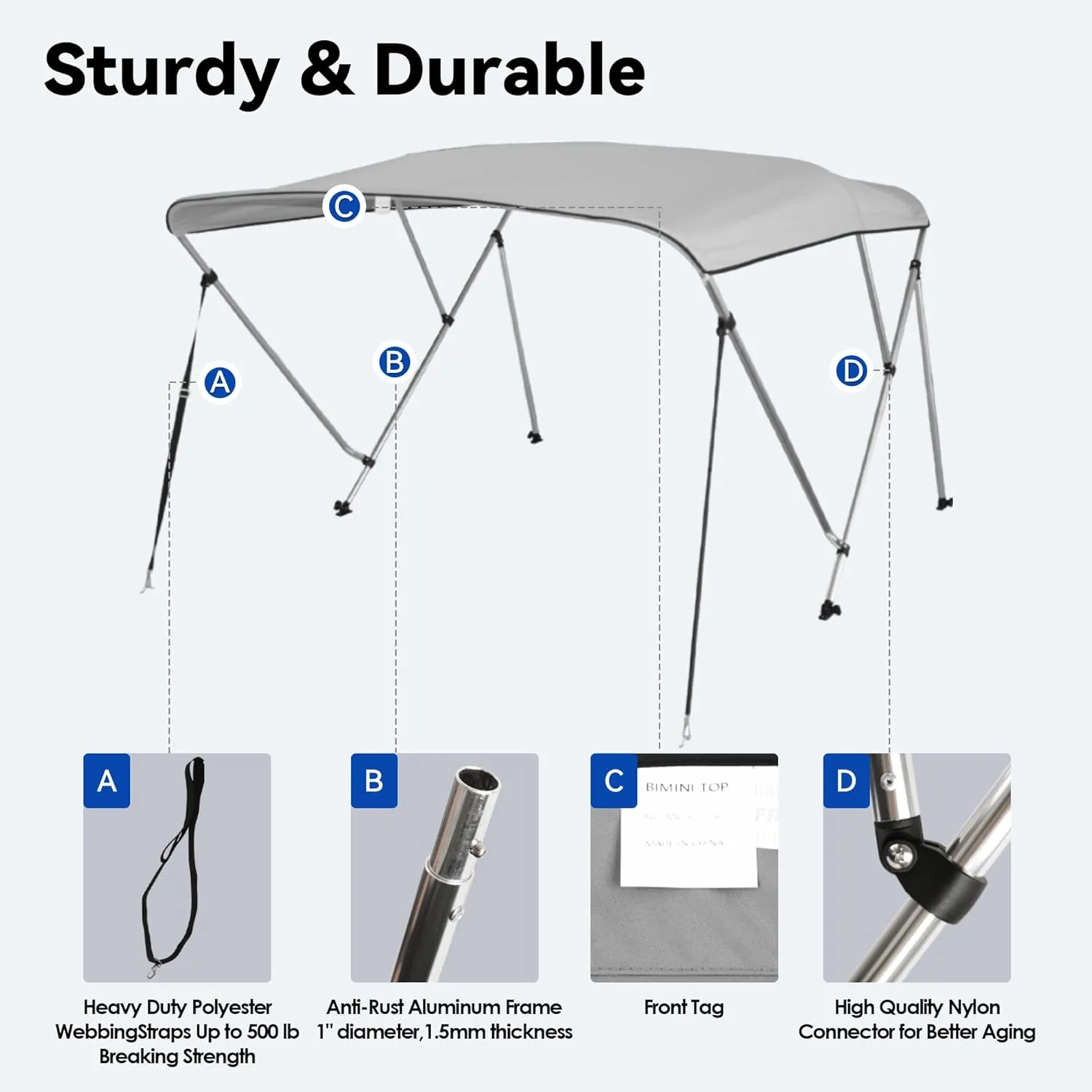 Deckpro Waterproof Boat Bimini Top Cover, Canvas Sun Shade Boat Canopy - 1" Double Wall Aluminum Frame Tube, 2 Straps 2 Rear Support Poles, Storage Boot