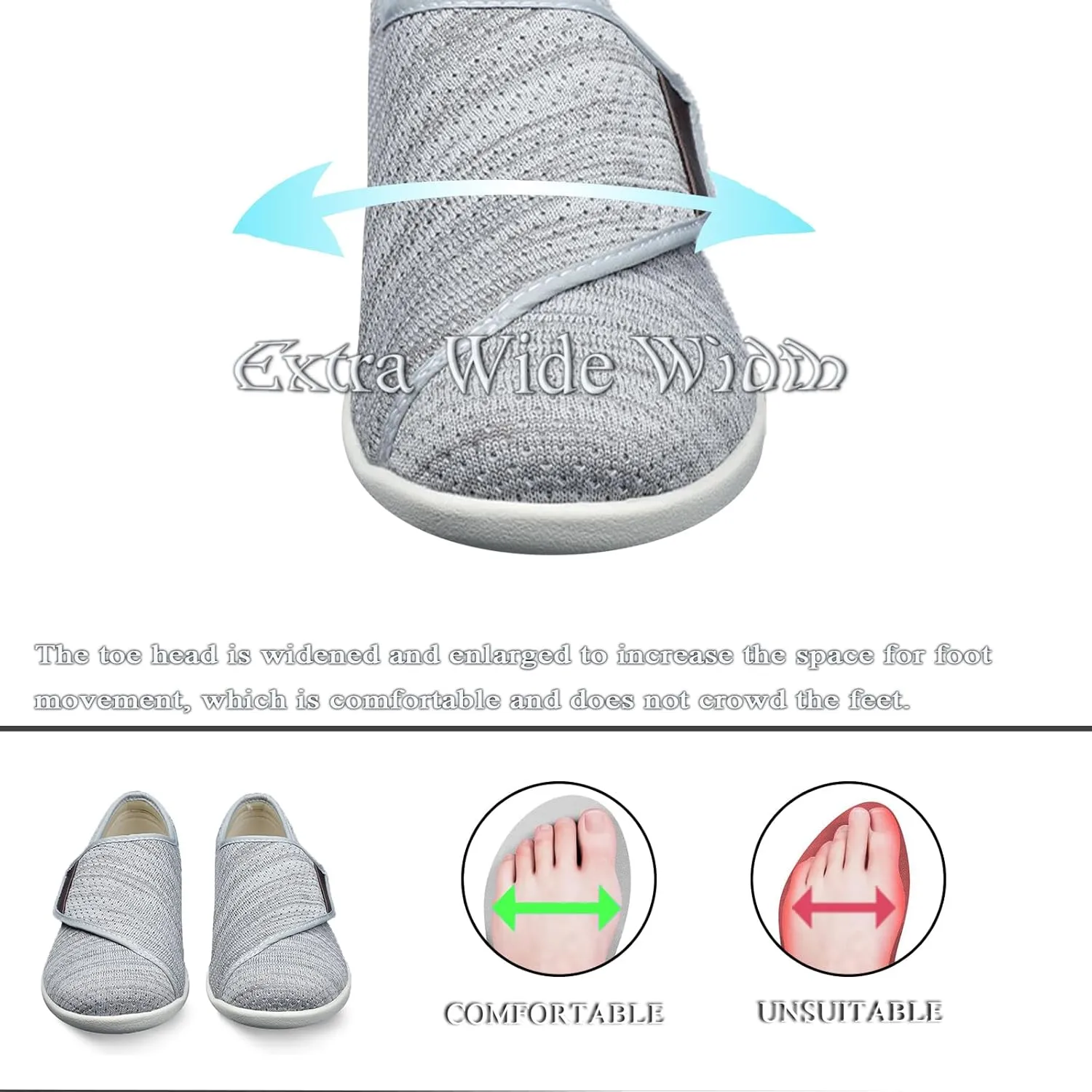 Diabetic Shoes for Women Men Extra Wide Width, Lightweight Adjustable Closure Breathable Walking Shoes Slipper with Non Slip for Elderly Swollen Feet