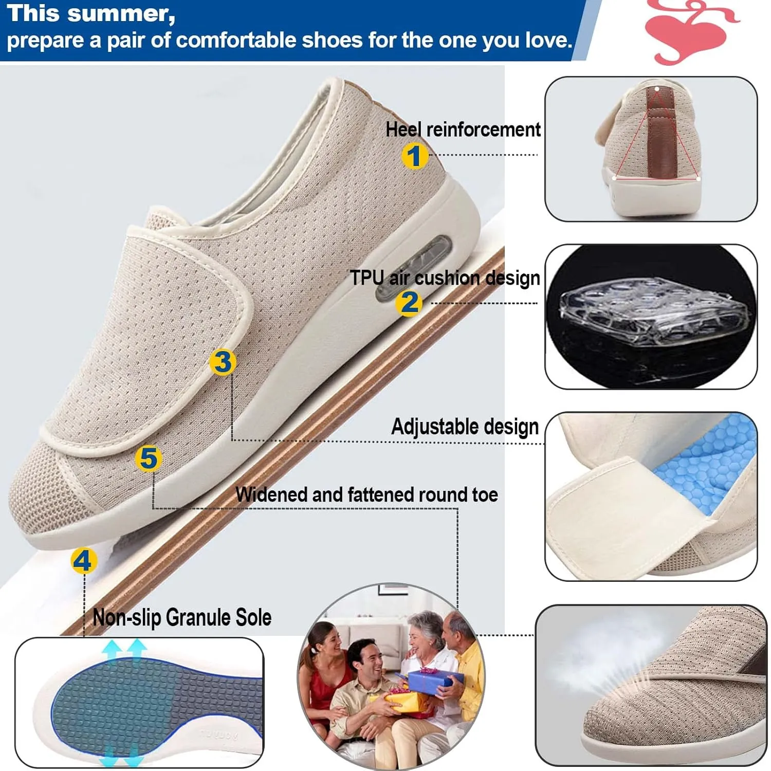 Diabetic Shoes Width Shoe for Elderly Women,Adjustable Closure Lightweight Breathable Swollen Feet Walking Edema Sneakers