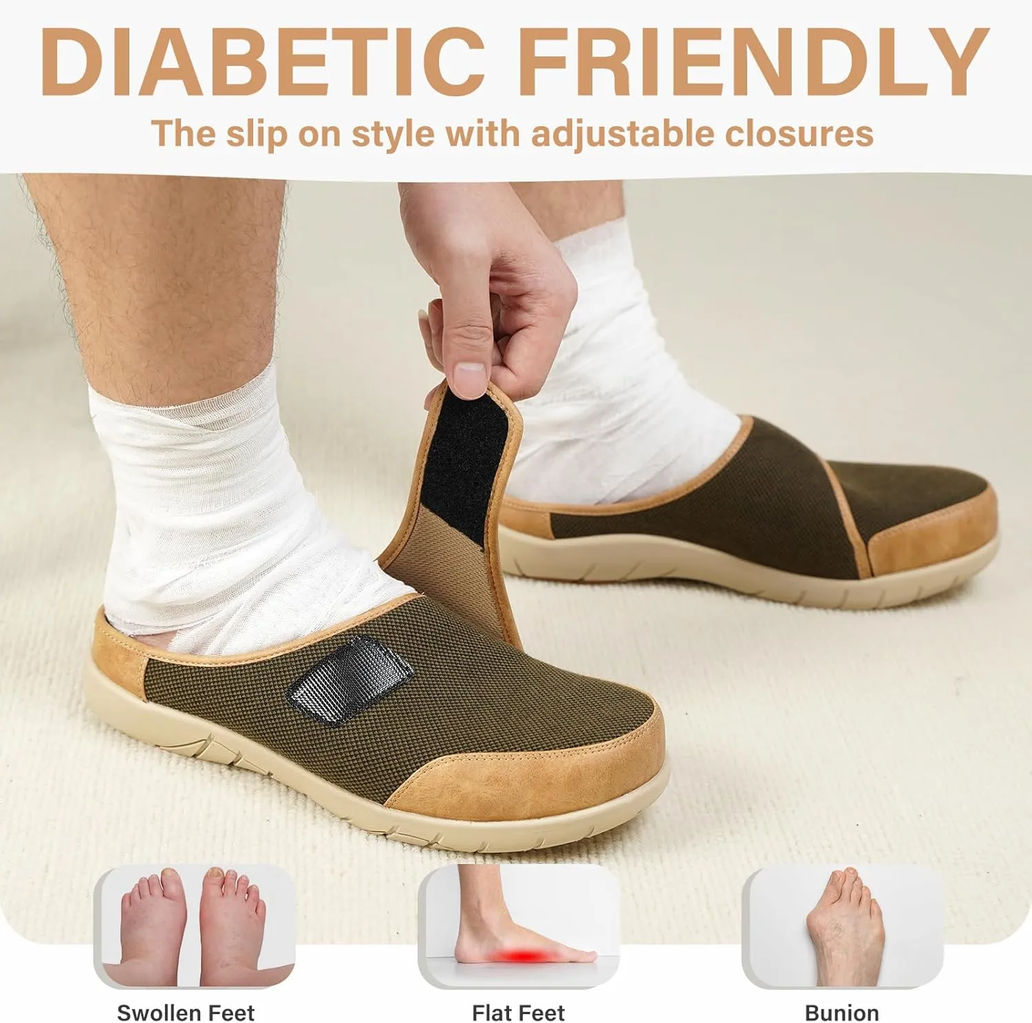Diabetic Slippers for Men, Extra Wide Slippers with Adjustable Strap, Breathable Mens Slippers Wide Width, Indoor Outdoor Slip On Slippers Clogs for Swollen Feet