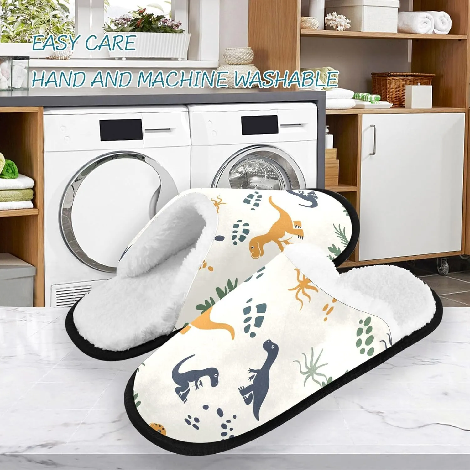 Dinosaur Dino Footprint Plush Slippers for Women Men Warm Comfortable Travel Spa Slipper Non-slip House Shoes