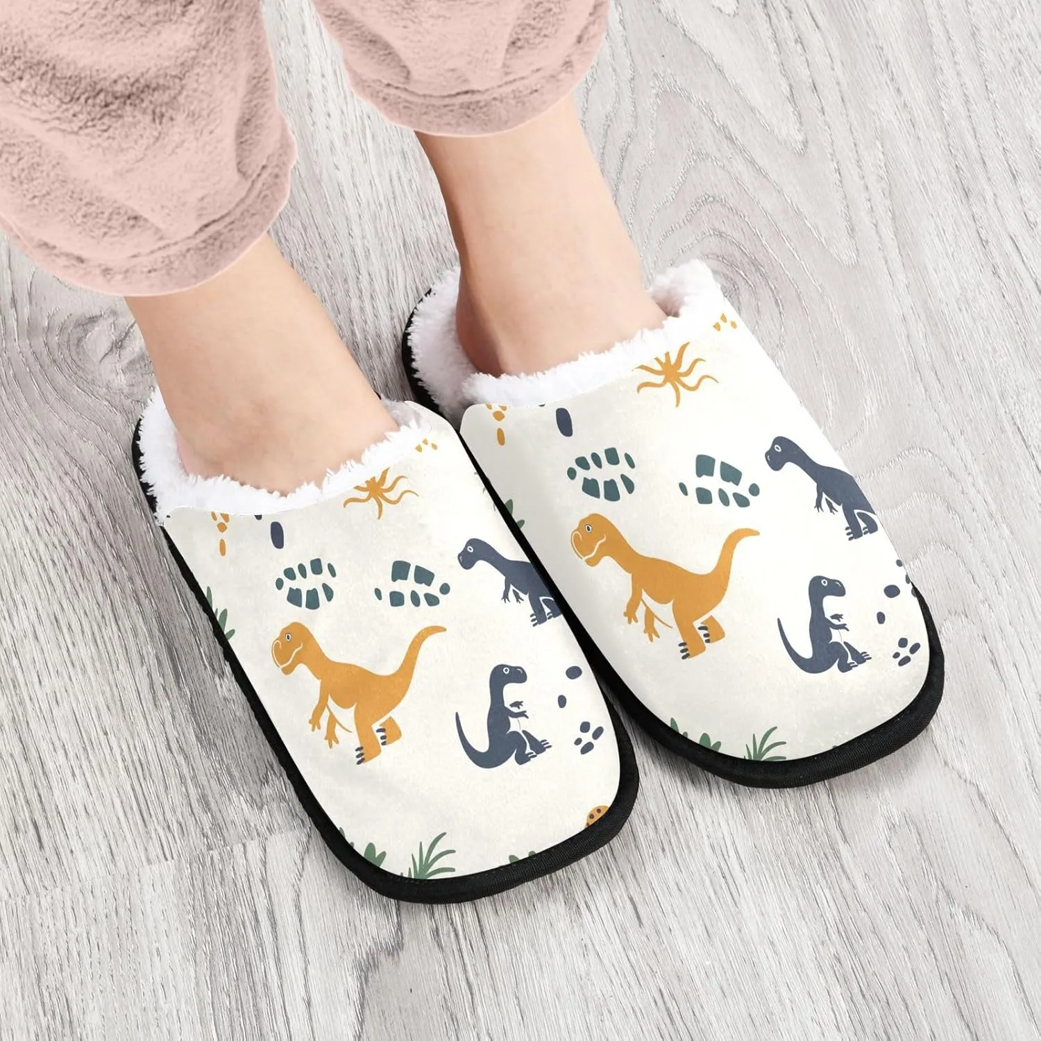 Dinosaur Dino Footprint Plush Slippers for Women Men Warm Comfortable Travel Spa Slipper Non-slip House Shoes