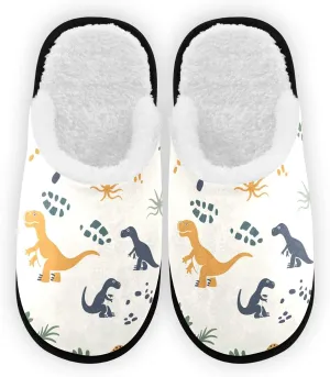 Dinosaur Dino Footprint Plush Slippers for Women Men Warm Comfortable Travel Spa Slipper Non-slip House Shoes