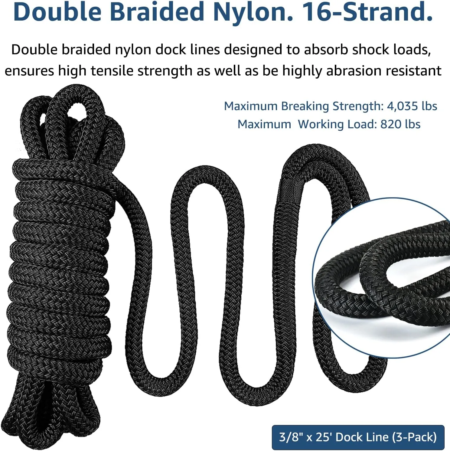 Dock Lines 3/8" x 25' Double Braided Nylon Boat Dock Lines with 12" Eyelet, Marine-Grade Dock Lines for Boats/Boat Lines Dock Rope - Easy to Handle Boat Ropes for Docking - 3 Pack(Black)