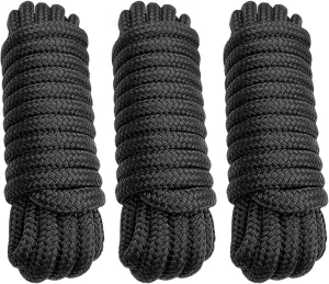 Dock Lines 3/8" x 25' Double Braided Nylon Boat Dock Lines with 12" Eyelet, Marine-Grade Dock Lines for Boats/Boat Lines Dock Rope - Easy to Handle Boat Ropes for Docking - 3 Pack(Black)