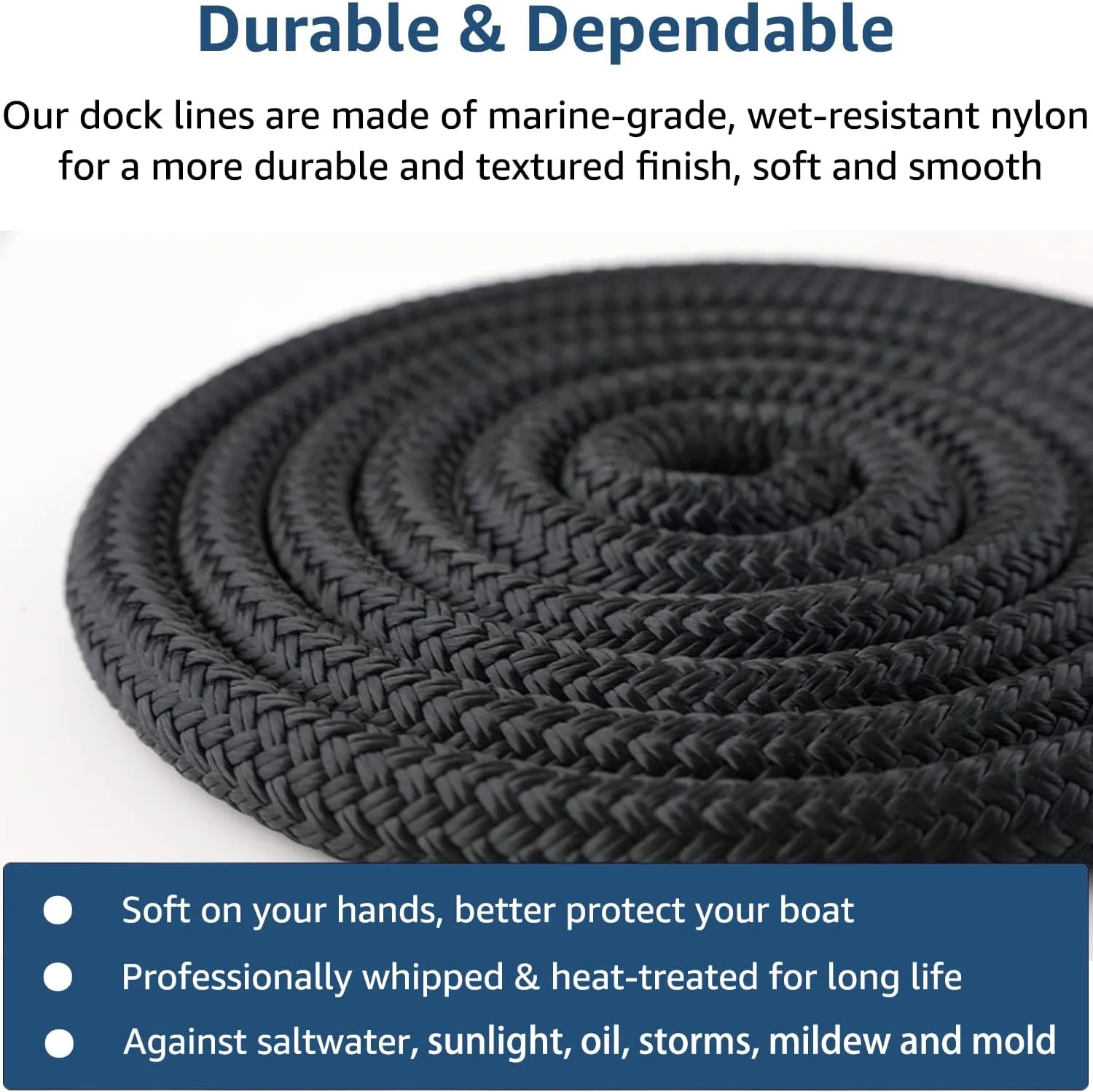 Dock Lines 3/8" x 25' Double Braided Nylon Boat Dock Lines with 12" Eyelet, Marine-Grade Dock Lines for Boats/Boat Lines Dock Rope - Easy to Handle Boat Ropes for Docking - 3 Pack(Black)