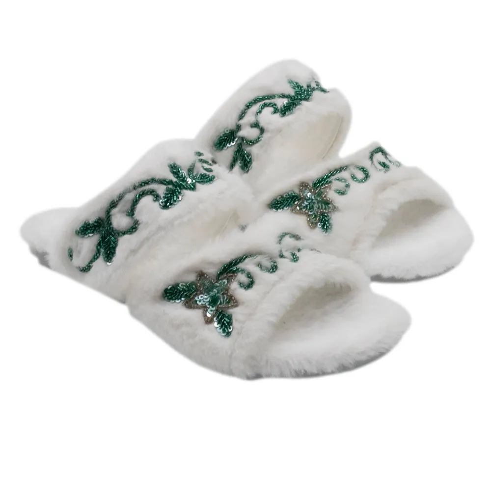 Elkie Cream Luxury Plush Diamanté Embellished Handmade Slipper