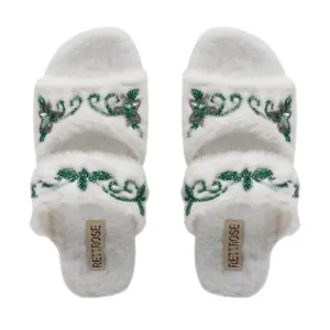 Elkie Cream Luxury Plush Diamanté Embellished Handmade Slipper