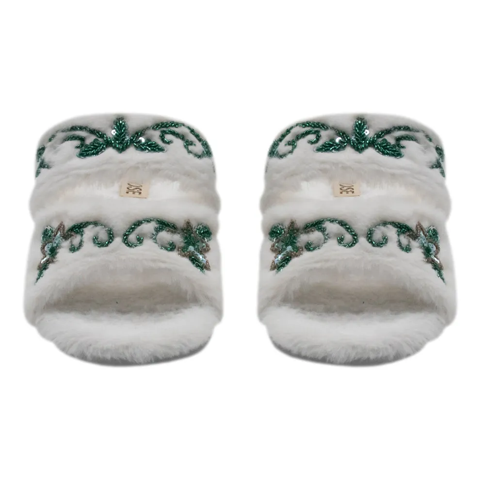Elkie Cream Luxury Plush Diamanté Embellished Handmade Slipper