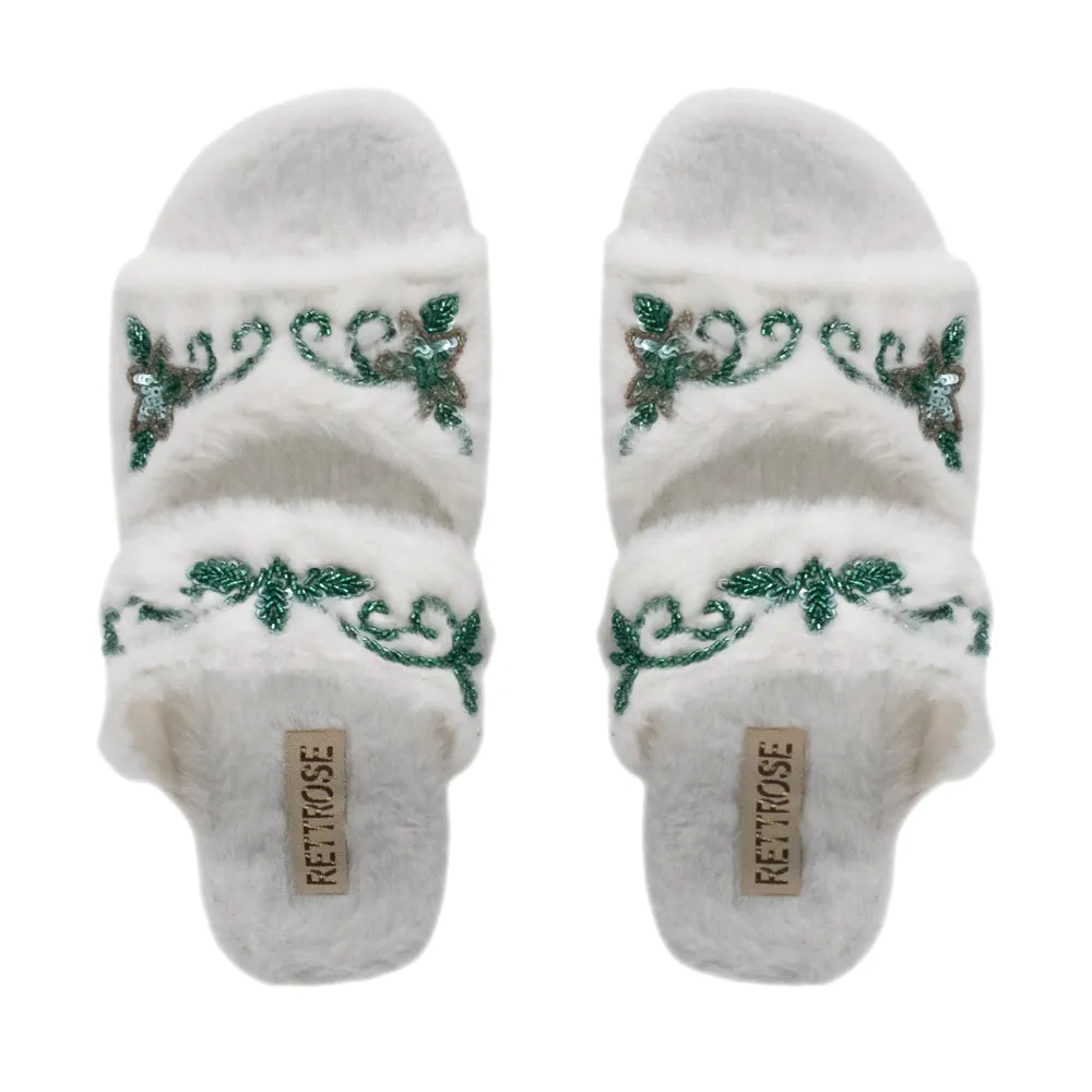 Elkie Cream Luxury Plush Diamanté Embellished Handmade Slipper