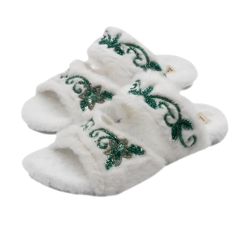 Elkie Cream Luxury Plush Diamanté Embellished Handmade Slipper
