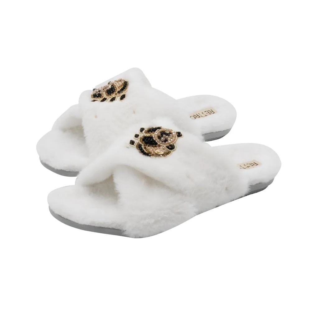 Ember Cream Luxury Plush Diamanté Embellished Handmade Slipper