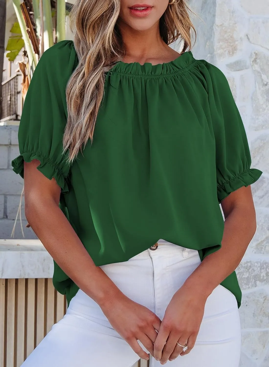 EVALESS Womens Tops Off The Shoulder Blouses for Women Dressy Casual Cute Puff Sleeve T Shirts Fashion 2025