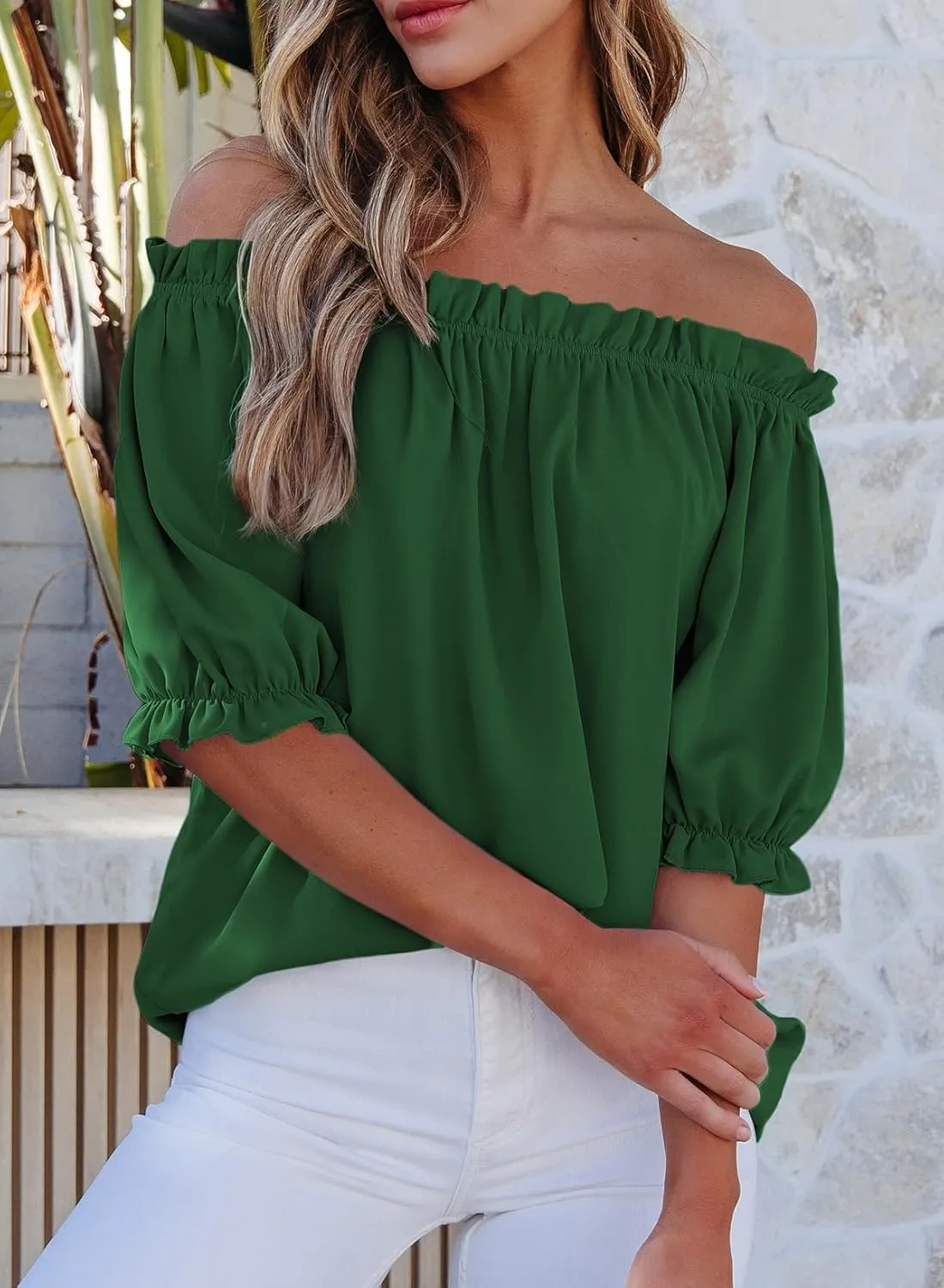 EVALESS Womens Tops Off The Shoulder Blouses for Women Dressy Casual Cute Puff Sleeve T Shirts Fashion 2025