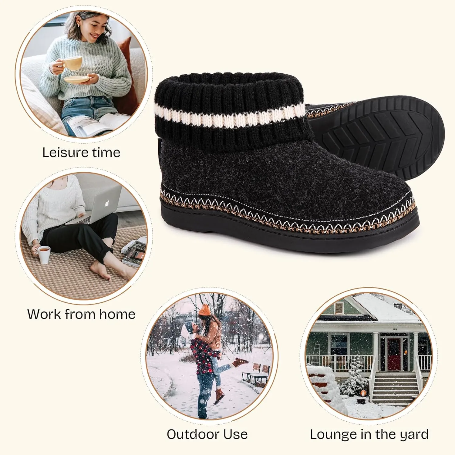 EverFoams Women's Bootie Slippers Non-slip Comfy Winter Indoor House Shoes with Knitted Collar