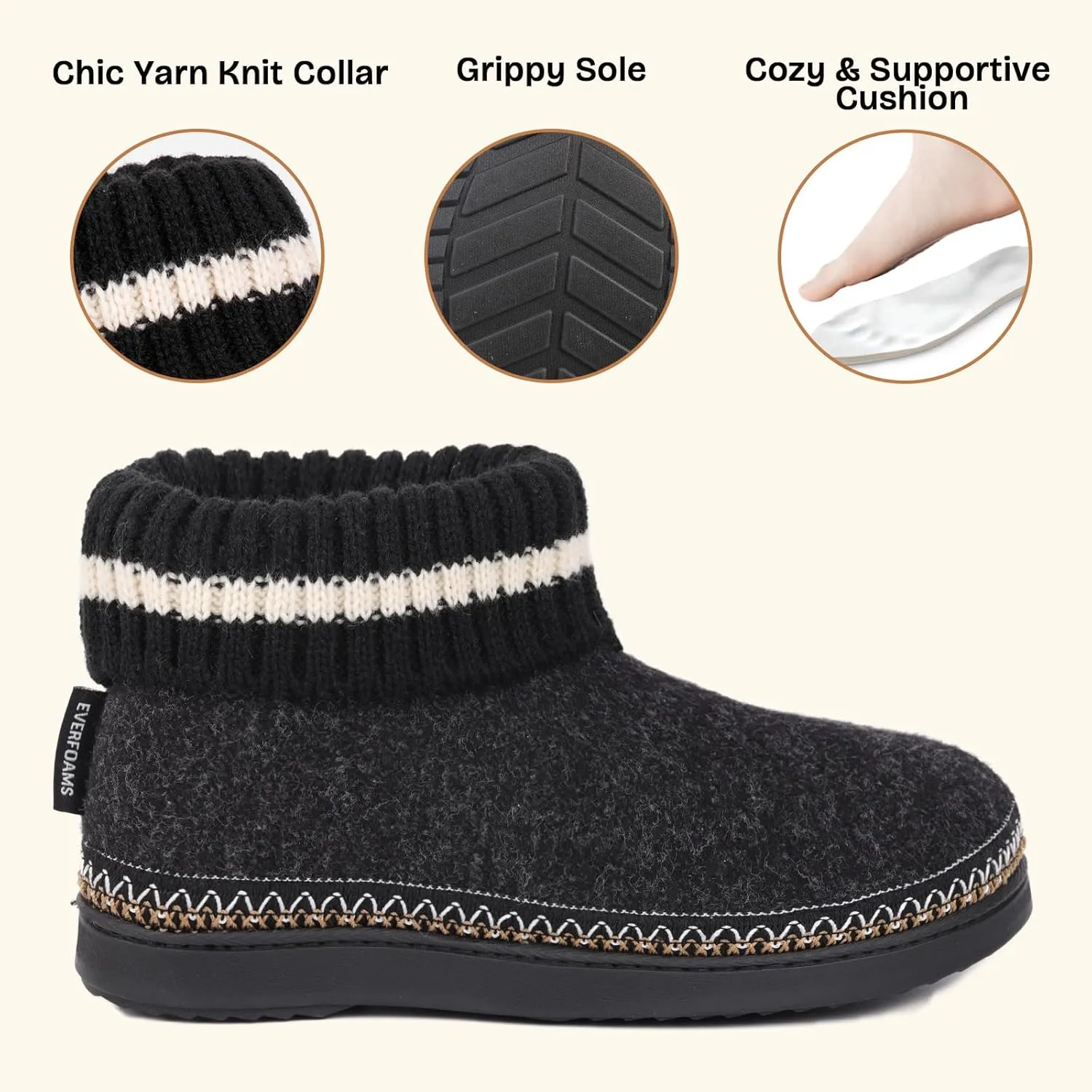 EverFoams Women's Bootie Slippers Non-slip Comfy Winter Indoor House Shoes with Knitted Collar