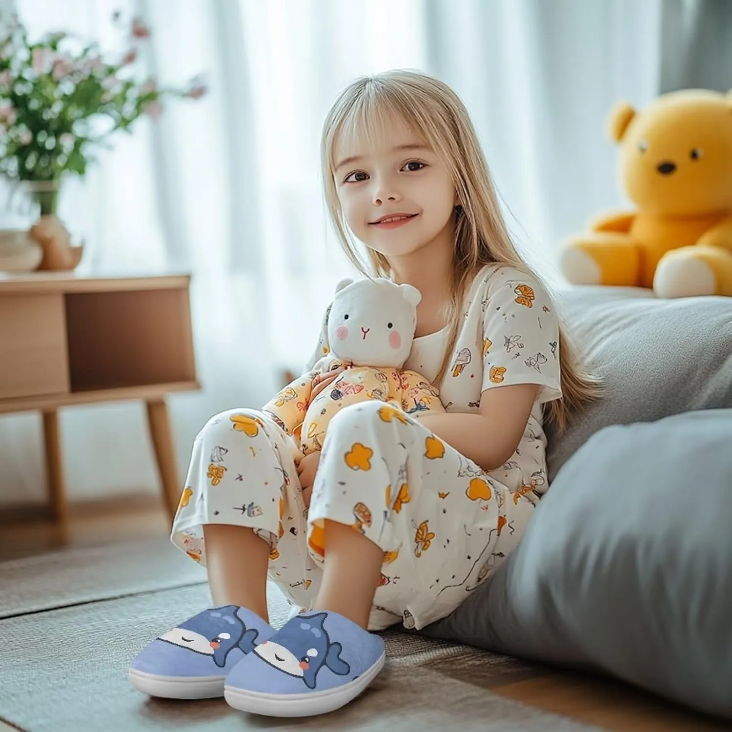 Fashion Warm House Slippers Soft Rubber Sole Anti-Skid Shoes Boys Girls Light Elastic Travel Slippers for Party Size 9-15 White Sole