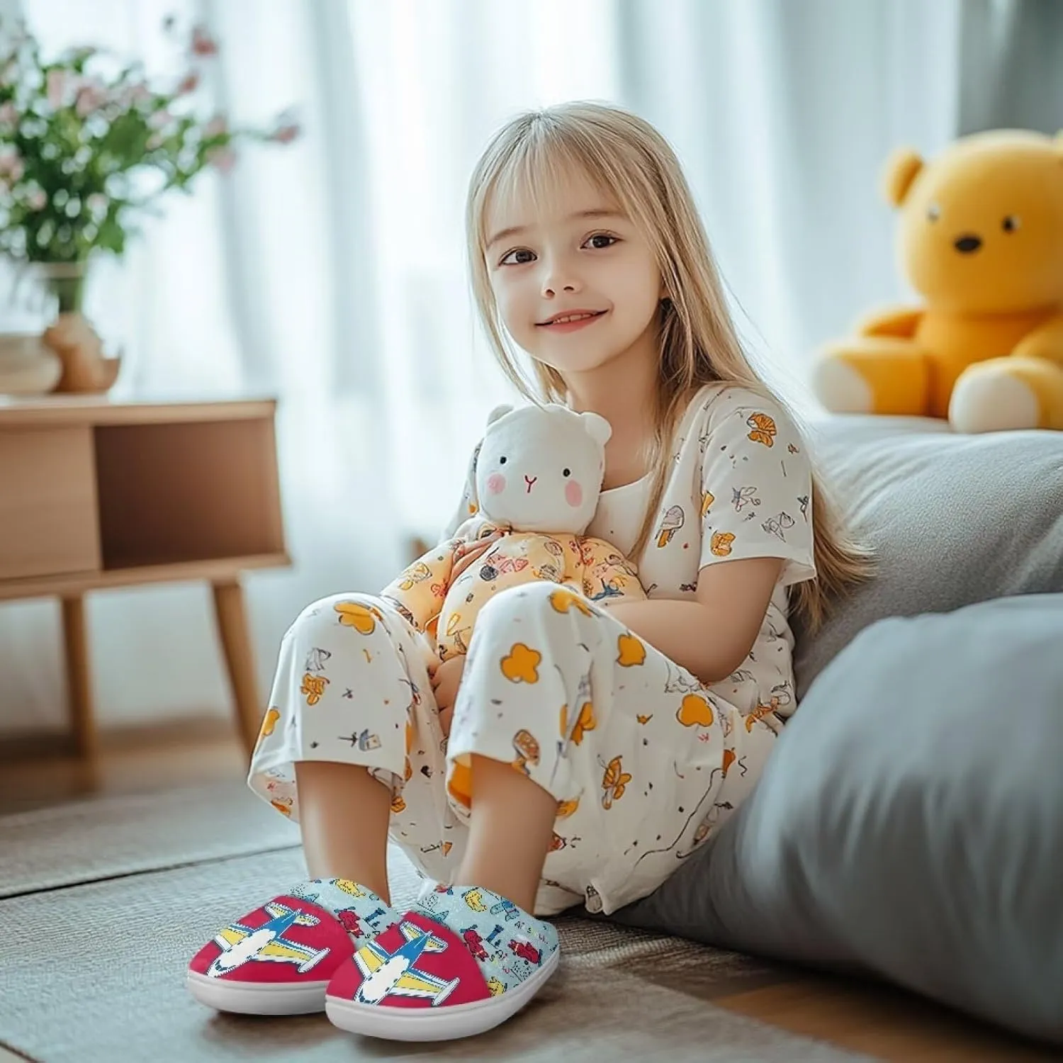 Fashion Warm House Slippers Soft Rubber Sole Anti-Skid Shoes Boys Girls Light Elastic Travel Slippers for Party Size 9-15 White Sole