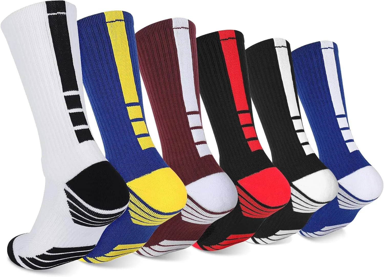 Finerview Elite Basketball Socks for Men 6 Pairs, High-Top Premium Mid Calf Athletic Socks for Adult & Youth