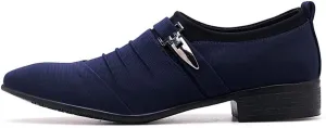 Formal Shoes for Men Slip On Pointed Cap Toe Pleated Canvas Block Heel Anti-Slip Rubber Sole Working (Color : Black, Size : 11.5)