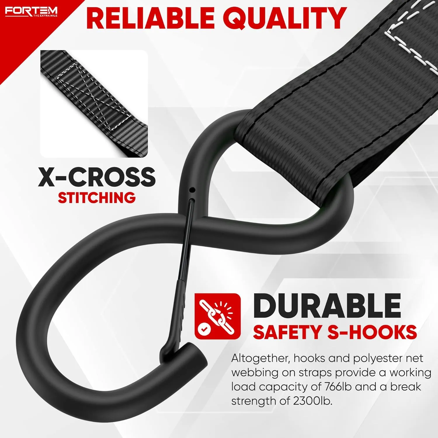 FORTEM Ratchet Straps, 2300lb Break Strength, 4 Pack 15ft x 1in Tie Down Strap Set, 4 Soft Loops, Motorcycle Straps Tie Downs, Cargo Cam Buckles, Rubber Handles, Safety Lock S Hooks, Carry Bag
