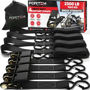 FORTEM Ratchet Straps, 2300lb Break Strength, 4 Pack 15ft x 1in Tie Down Strap Set, 4 Soft Loops, Motorcycle Straps Tie Downs, Cargo Cam Buckles, Rubber Handles, Safety Lock S Hooks, Carry Bag