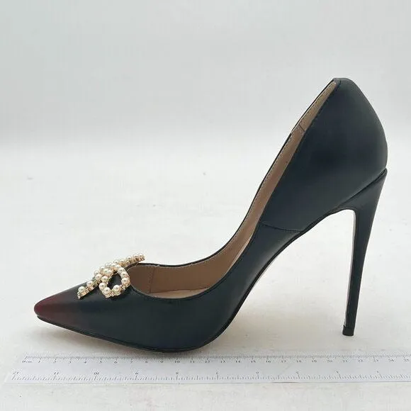 FOWT Black Pearl Bow Gradient Cap Toe Stiletto Pointed Toe Pump Dressy Wedding