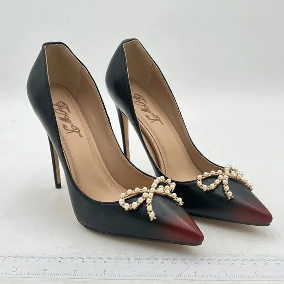 FOWT Black Pearl Bow Gradient Cap Toe Stiletto Pointed Toe Pump Dressy Wedding