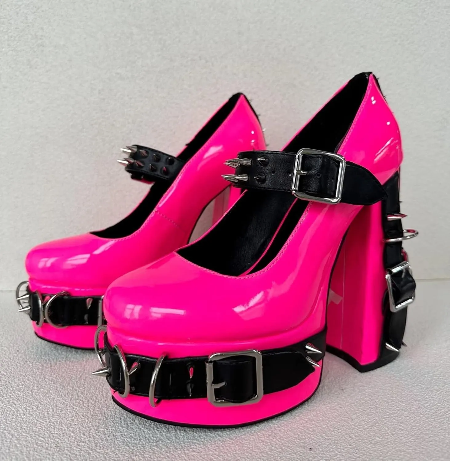 Frankie Hsu Women's Gothic Large Size Black Patent Leather Buckle Belt Ring Rivet Shinny Sexy Platform Chunky High Heels Ankle Strap Heeled Bootie Shoes