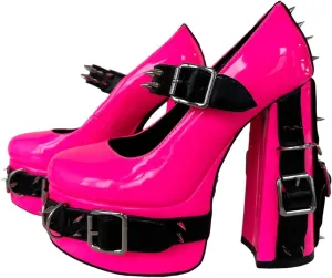 Frankie Hsu Women's Gothic Large Size Black Patent Leather Buckle Belt Ring Rivet Shinny Sexy Platform Chunky High Heels Ankle Strap Heeled Bootie Shoes