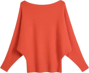 FULIER Women Oversized Boat Neck Batwing Sleeves Dolman Knitted Sweaters Lightweight Pullovers Tops One Size