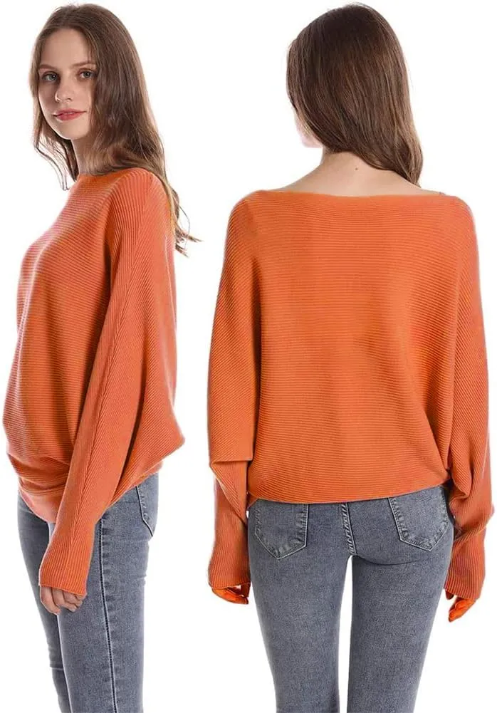 FULIER Women Oversized Boat Neck Batwing Sleeves Dolman Knitted Sweaters Lightweight Pullovers Tops One Size