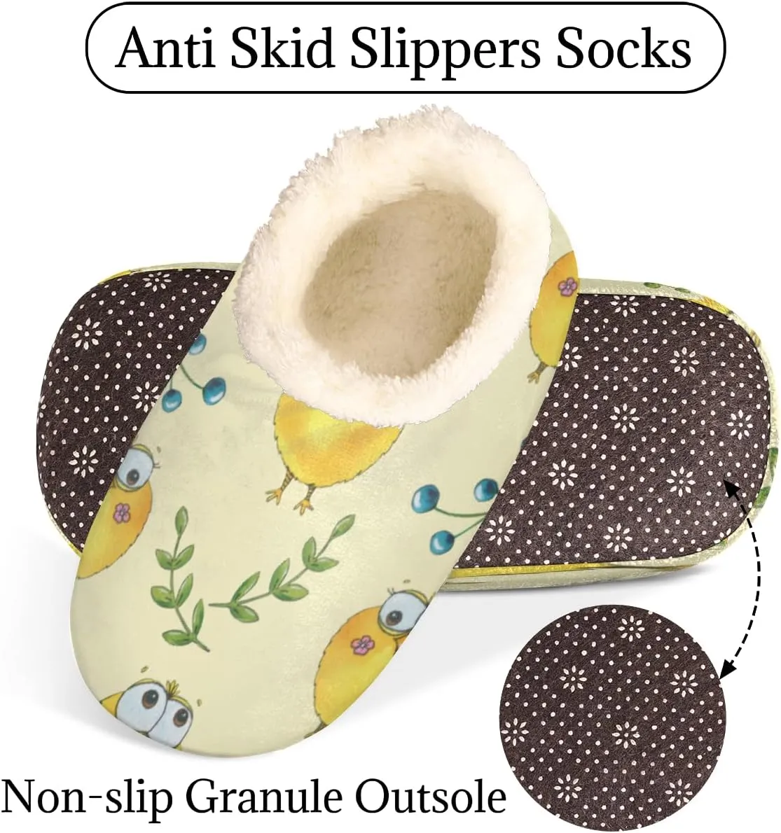 Funny Chickens Women's Slippers, Yellow Cartoon Non-Slip House Slipper Socks, Plush Lined Slippers Shoes for Girls Boys Teens Indoor Bedroom