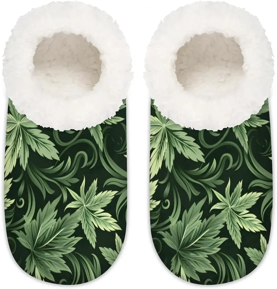 Geeen Marijuana Weed Women's Slippers Socks Cozy Fuzzy Sherpa House Shoes Winter House Bedroom Slippers Cannabis Leaf
