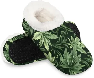 Geeen Marijuana Weed Women's Slippers Socks Cozy Fuzzy Sherpa House Shoes Winter House Bedroom Slippers Cannabis Leaf