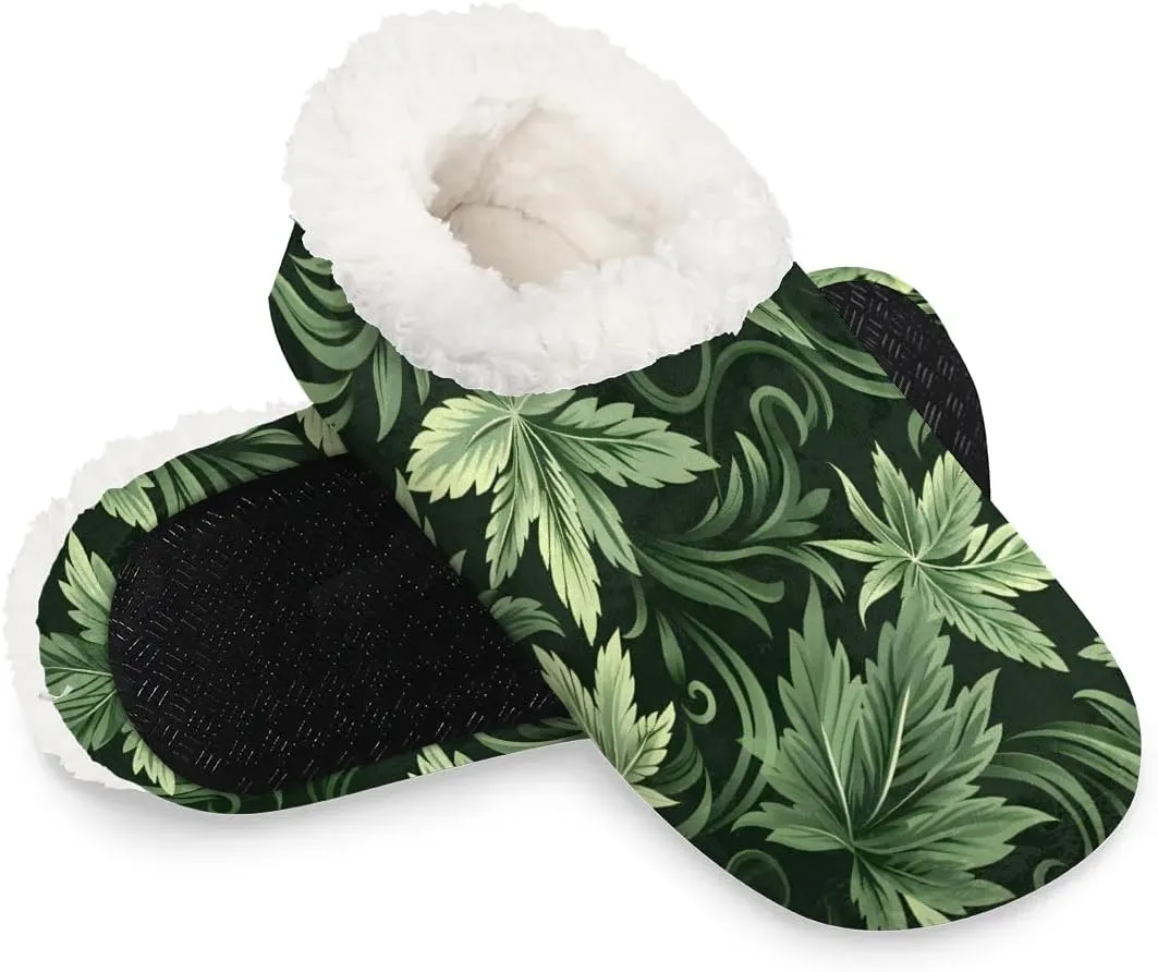 Geeen Marijuana Weed Women's Slippers Socks Cozy Fuzzy Sherpa House Shoes Winter House Bedroom Slippers Cannabis Leaf