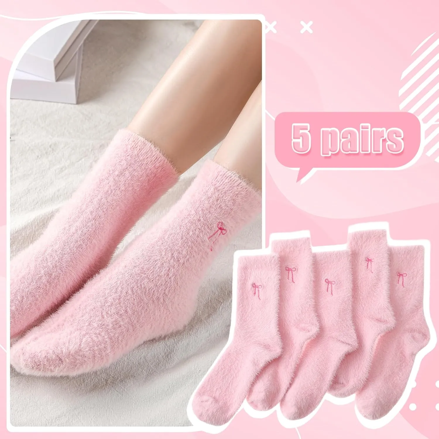 Geyoga 5 Pcs Women's Bow Fuzzy Socks Winter Soft Slipper Socks Coquette Stuff Fluffy Thick Spa Home Sleeping