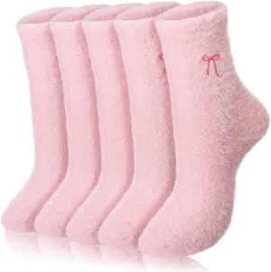 Geyoga 5 Pcs Women's Bow Fuzzy Socks Winter Soft Slipper Socks Coquette Stuff Fluffy Thick Spa Home Sleeping