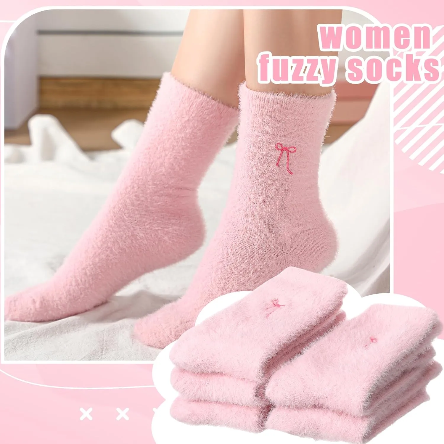 Geyoga 5 Pcs Women's Bow Fuzzy Socks Winter Soft Slipper Socks Coquette Stuff Fluffy Thick Spa Home Sleeping